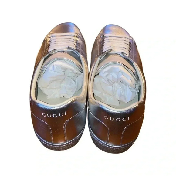 Gucci Nappa Ace Metallic Silver GG Leather Sneaker Size G8.5, US9.5 - Picture 3 of 7